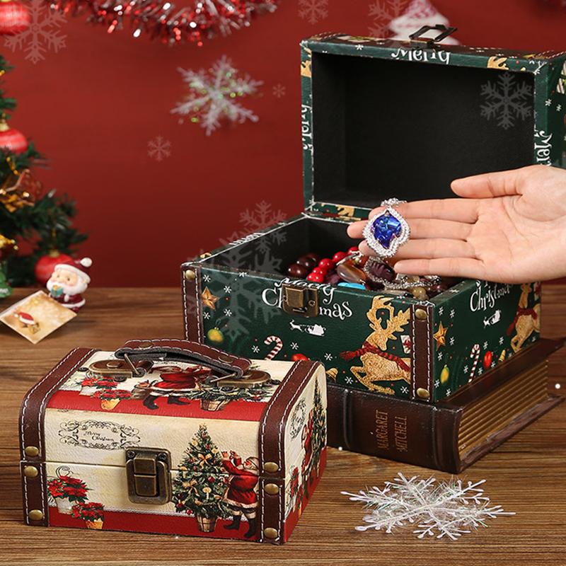 Christmas Candy Box Vintage PU Leather Jewelry Packaging Box With Lock S/M/L Wooden Sundry Treasure Storage Box With Handle