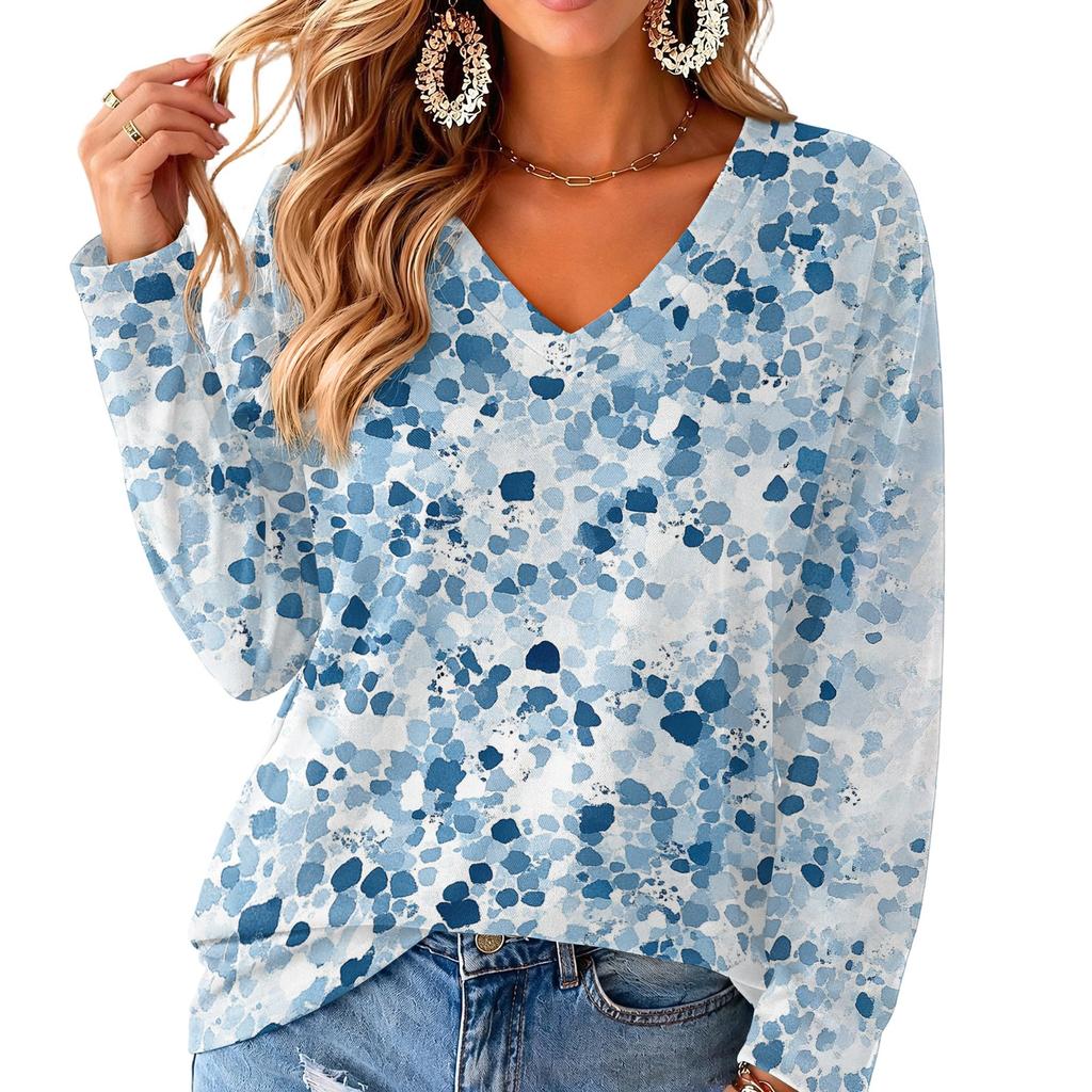 Women's V-Neck Long Sleeve Print Lightweight Blouse for Spring and Summer