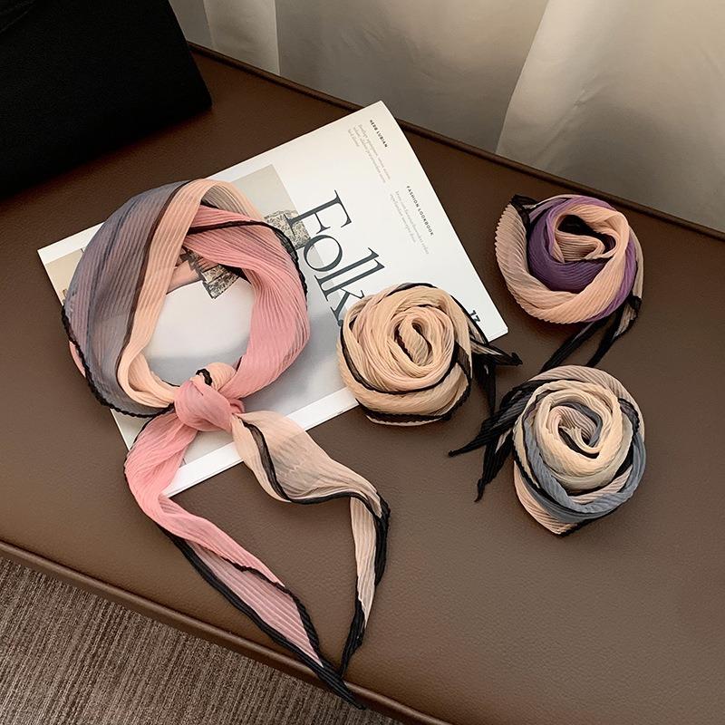 Folded silk scarf women's spring and summer new thin scarf small scarf versatile fashion commuter color matching small shawl tied bag streamer
