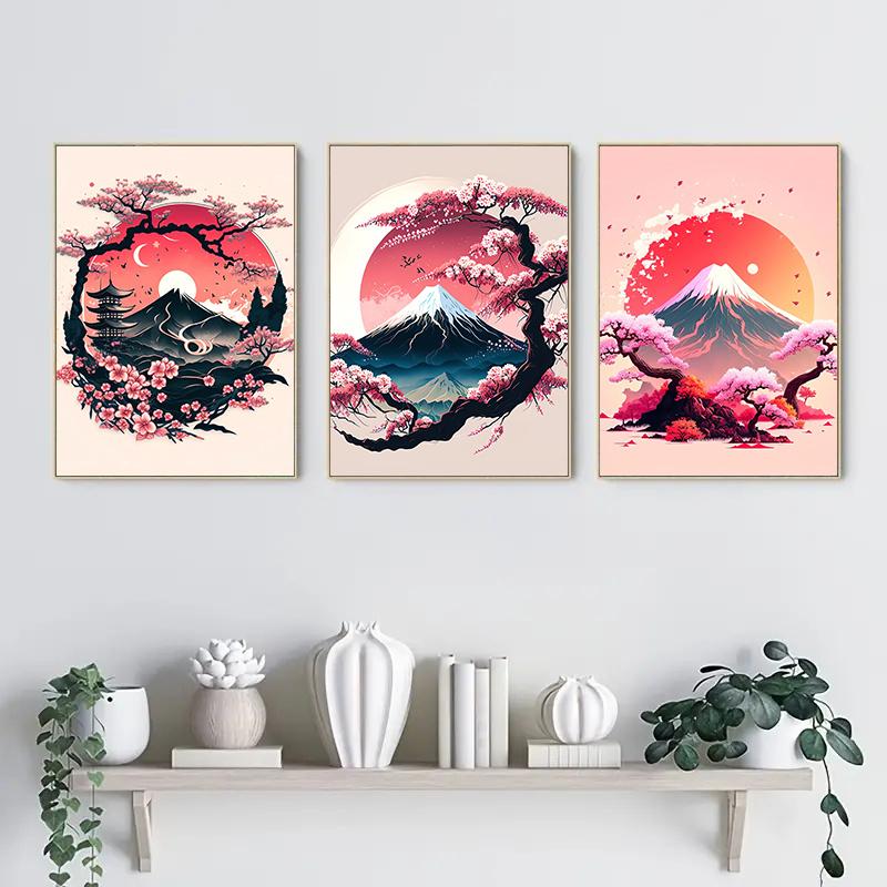 Landscape Canvas Painting Black And Red Posters Vintage Ink Art Wall Prints For Living Room Home 3pcs Frameless Japanese Natural