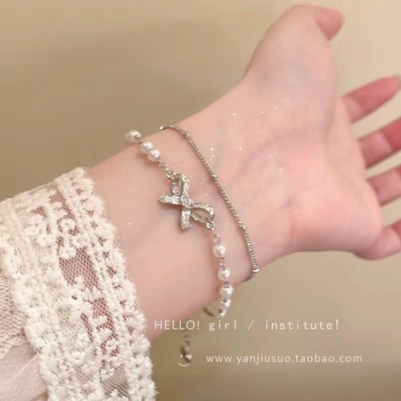 Double bow pearl stacked bracelet light luxury niche exquisite bracelet accessories student high value jewelry gift