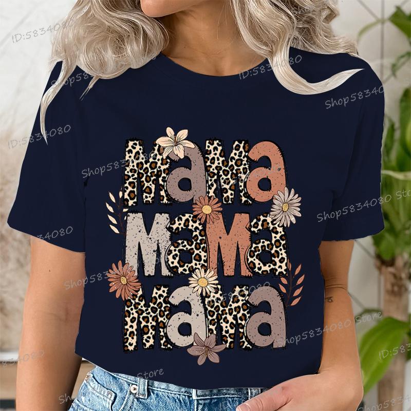 Fashion Funny Leopard Mama Flower Print Kids Short Sleeves T-Shirt Loose Casual Summer Outdoor Street Boy and Girl Tees Tops