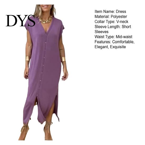 Loose Fit Solid Color Dress Womens Summer Casual Short Sleeve Midi V-neck Comfortable Lightweight Button Down Shirt for Daily Life Dating Work