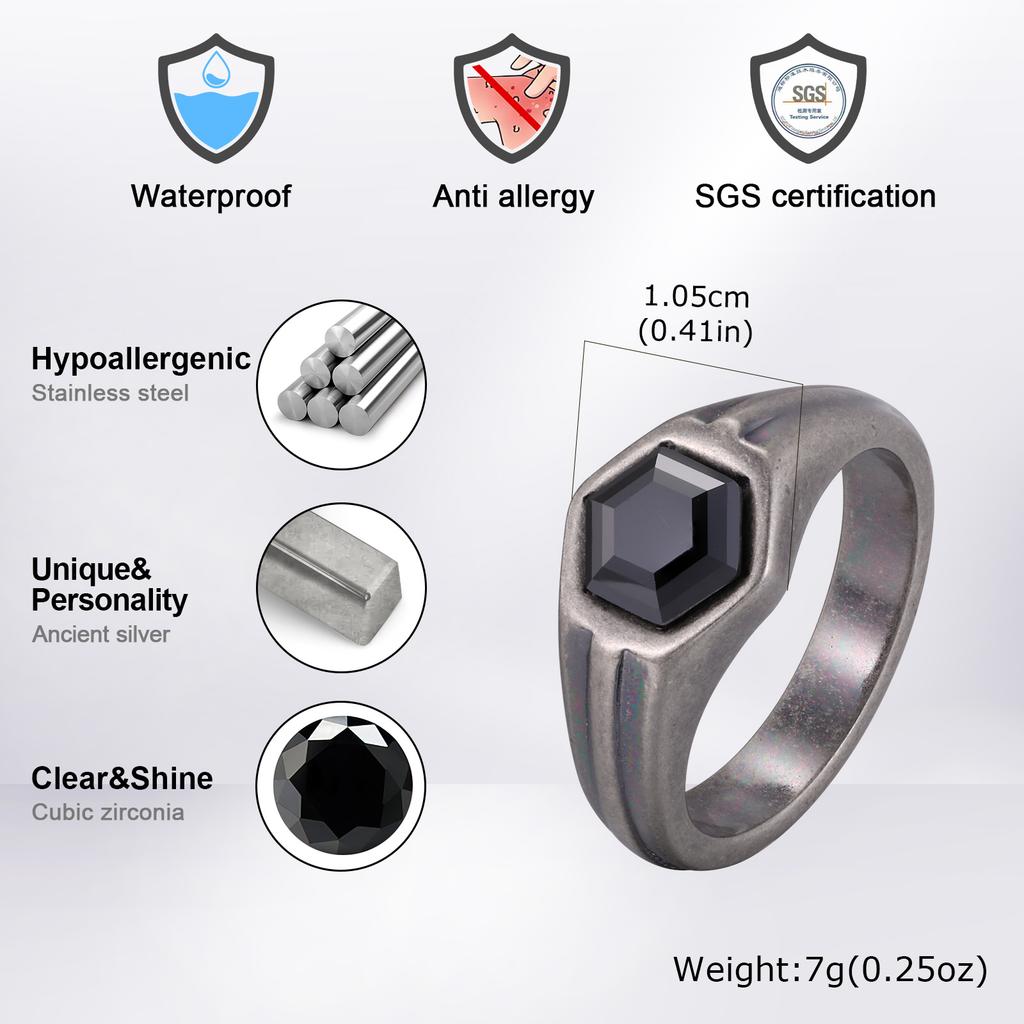 Sechseckiger Schwarzer Zirkonring für Herren, Edelstahl Antiksilber Farbe Geometrisches Band, Punk Statement Schmuck Geschenk