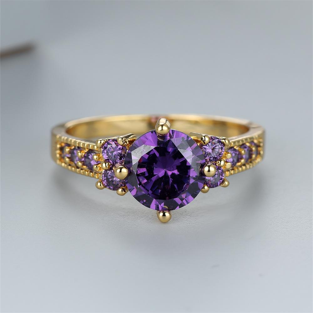 Purple Crystal Round Stone Engagement Rings For Women Vintage Gold Color Wedding Band Charm Birthstone Jewelry Fashion Accessory