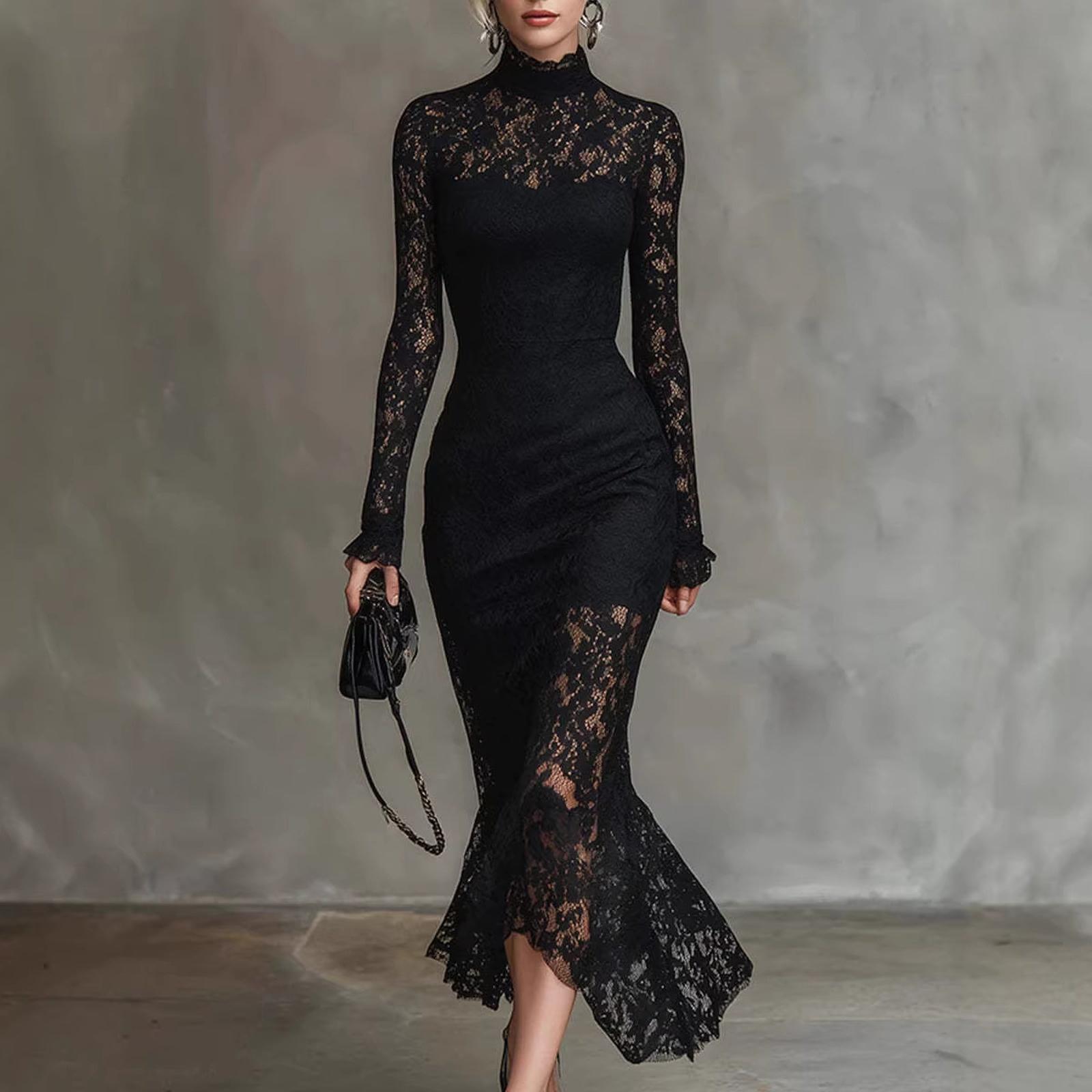 

Женское узкое кружевное платье, платье-русалка средней длины L чёрный