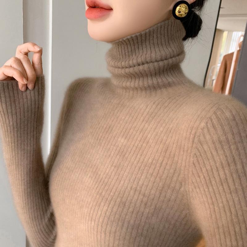 Women's High Neck Cashmere Ribbed Sweater - Slimming, Versatile Knitwear for Autumn and Winter