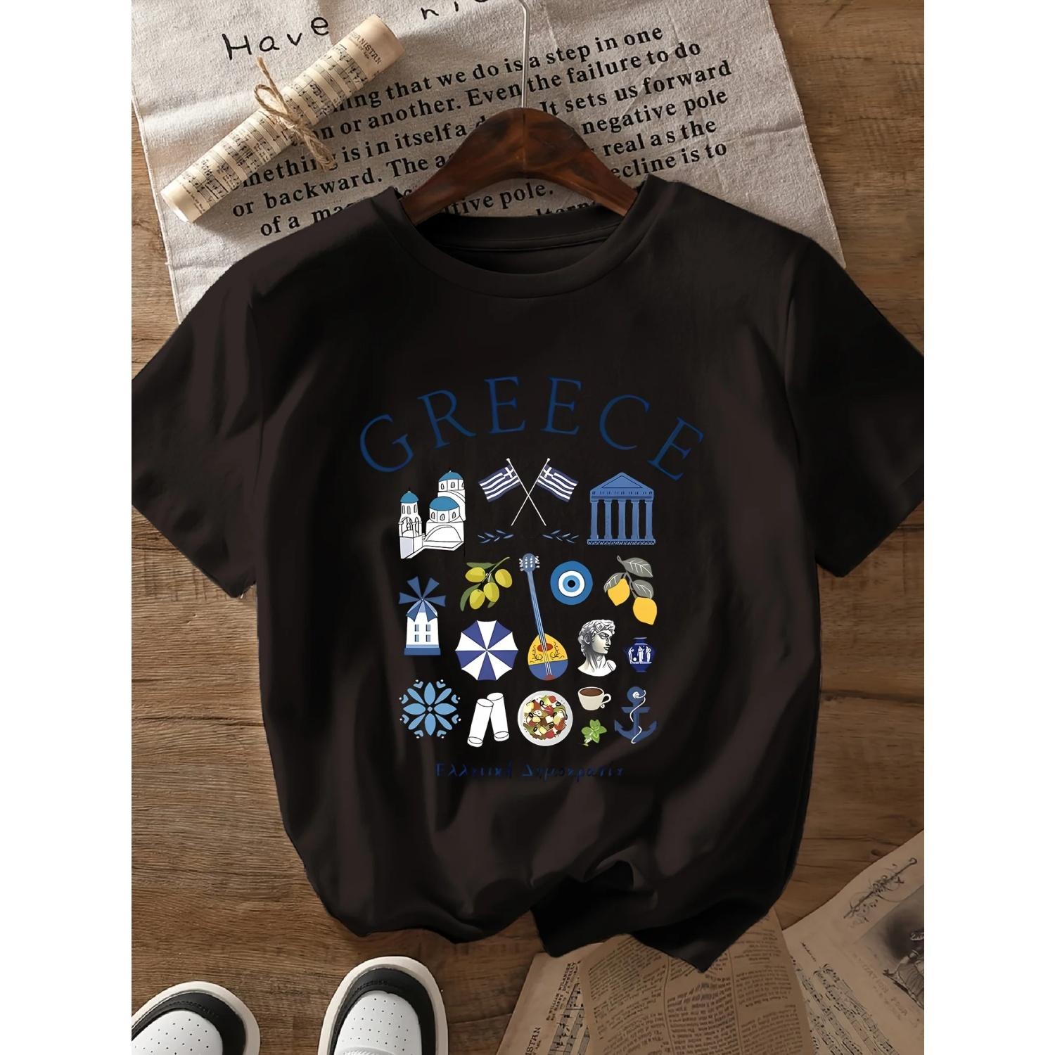 Medium Stretch Regular Fit All Seasons Pullovers Greece Printed Crew Neck Short Sleeve T-Shirt Casual Aesthetic Clothes S чёрный