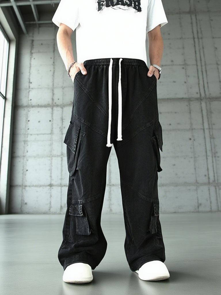 Street Overalls Men's Hip-hop Jeans Straight-leg Pants High Street Autumn and Winter Retro Wide-leg Pants