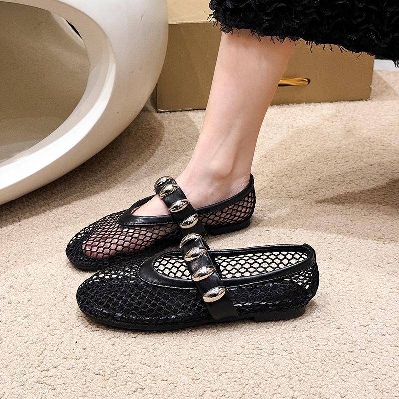 Mary Janes mit Metallschnalle, Netzstoff, Damen, 2025 Sommer, neu, europäisch und amerikanisch, modisch, flach und bequem, Ballett-Tanzschuhe