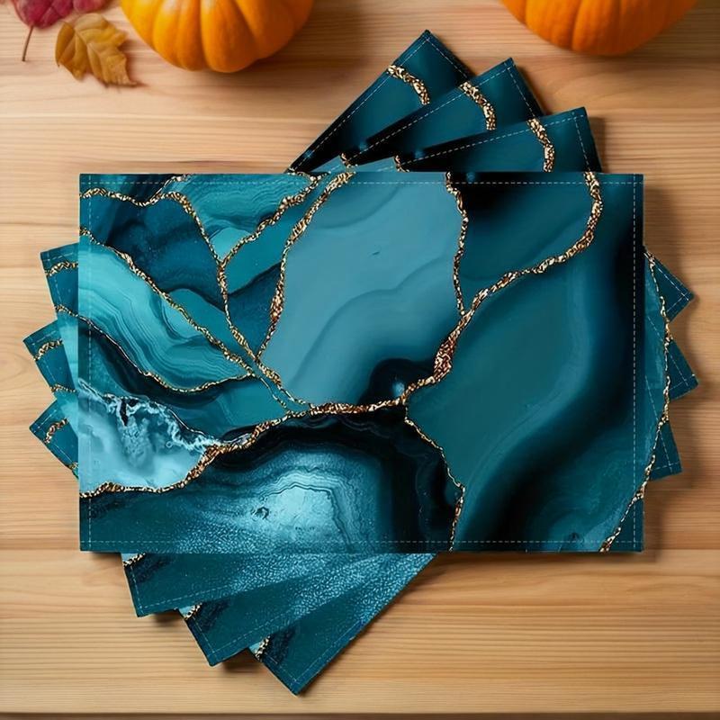 4/6pcs Marble Style Placemats 12x18 Inches, Heat Resistant Non-Slip Table Mats, Abstract Blue, Cyan, Turquoise and Golden, Suitable for Dining Decor,