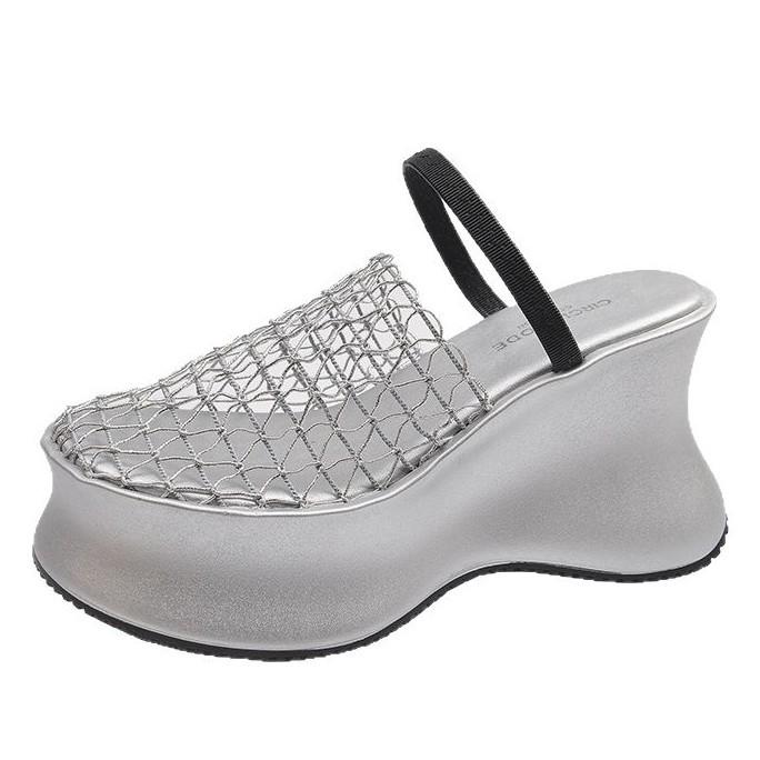 French muffin platform sandals women's 2025 new hollow breathable wedge heel half slippers small height-increasing cool slippers