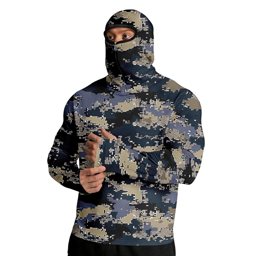 Men Digital Camouflage Print Long Sleeve Hooded Pullover with Integrated Face Covering for Outdoor Activities