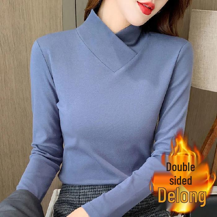 

Женская двухсторонняя бархатная футболка с длинным рукавом и полувысоким воротником, облегающего кроя - однотонная, для ношения осенью/зимой 3XL синий