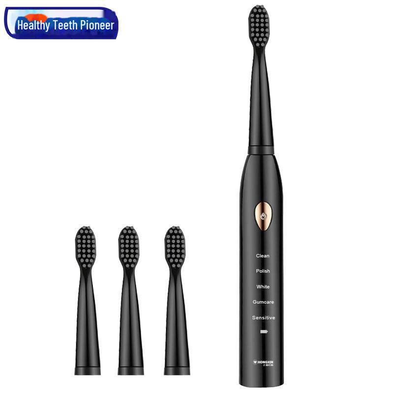 

Набор электрических зубных щеток Jian: Аккумуляторные звуковые щетки для взрослых и пар, черные и белые - Бесплатная доставка five gears + 4 brush heads + data cable чёрный/золотой