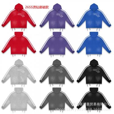 Mens Oversized Distressed Hooded Zip-Up Sweatshirt With Striped Raglan Sleeves Washed Cotton Fleece Fall Casual Wear