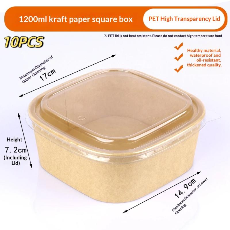 10Pcs Disposable Lunch Box Kraft Paper Square Lunch Box Fast Food Packing Boxes Paper Bowls With Lid Household Bento Boxes