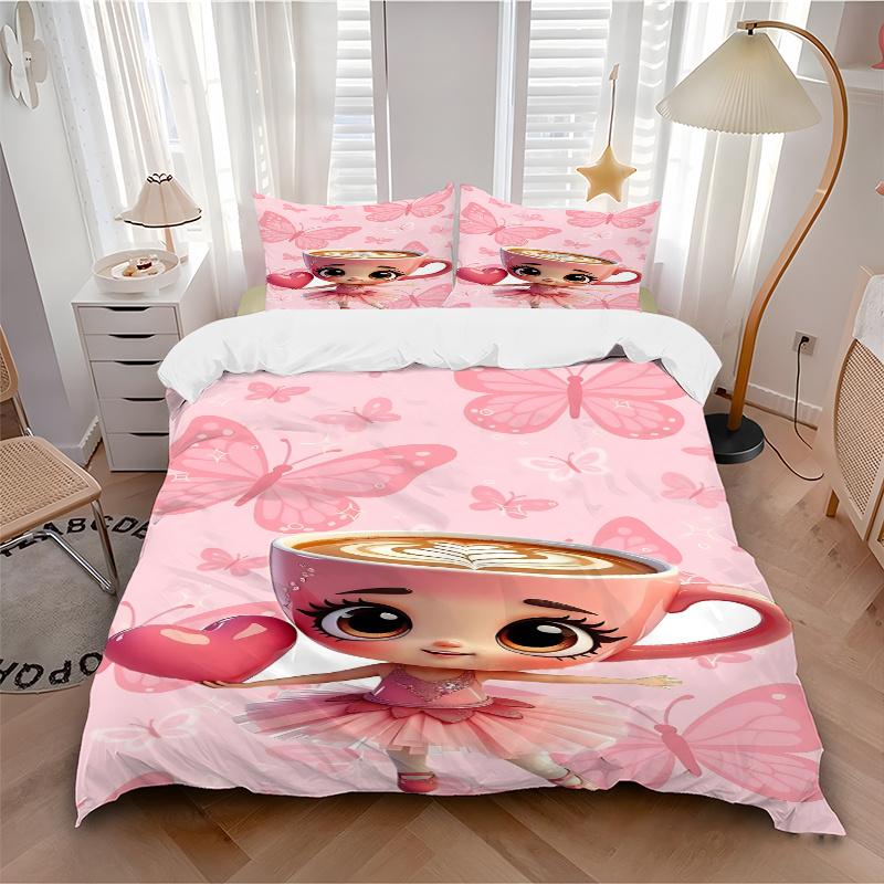 3pcs Pink Butterfly Latte Art Heart Home Decor Bedding Set-Universal Three-Piece Suit for Bedroom, Guest Room, Living Room, Hotel-Perfect Gi