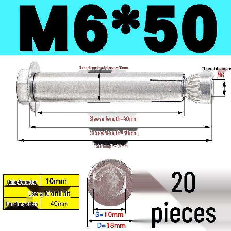 Stainless Steel Expansion Screw: Hexagonal Head with Internal Expansion (304/201), Sizes M6, M8, M10, M12.