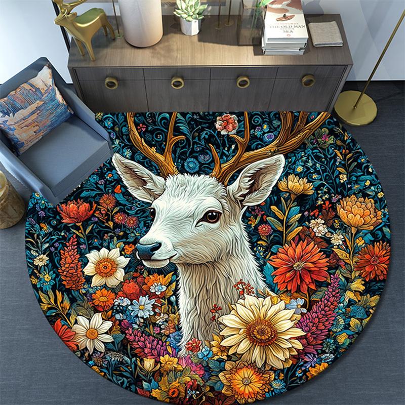 Deer Floral Round Area Rug,Carpet Rug for Living Room Bedroom Sofa Playroom Decor,Non-slip Floor Mat
