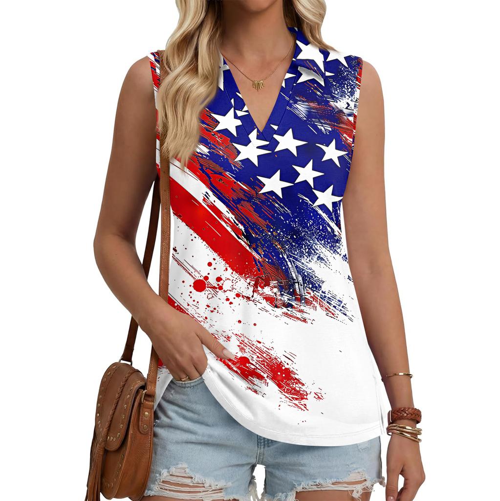 Womens Sleeveless Button Down V Neck Collared Top with Printed Pattern Casual Loose Fit Comfortable Tank Blouse for Summer