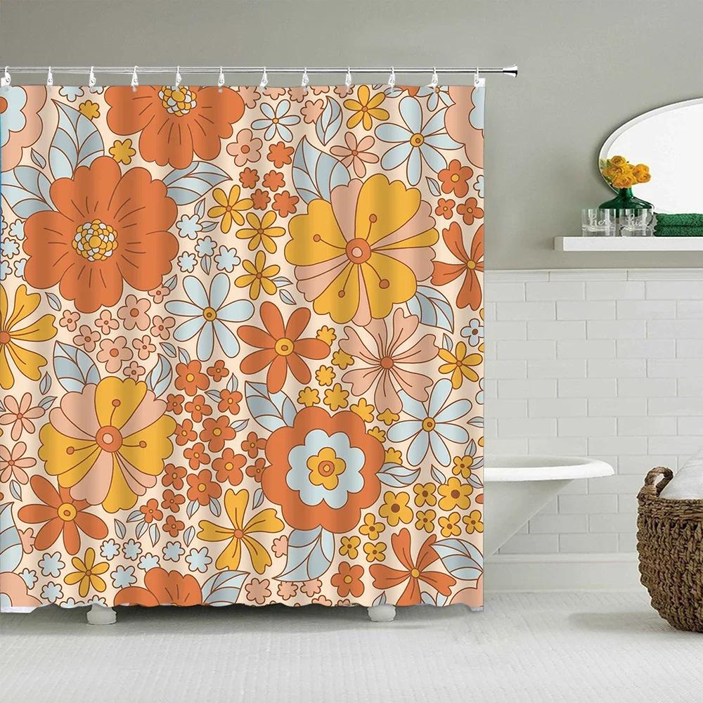 Vintage Rainbow Floral Shower Curtain 70s Colorful Stripe Fun Elegant Bohemian Abstract Style Bathroom Decoration Shower Curta