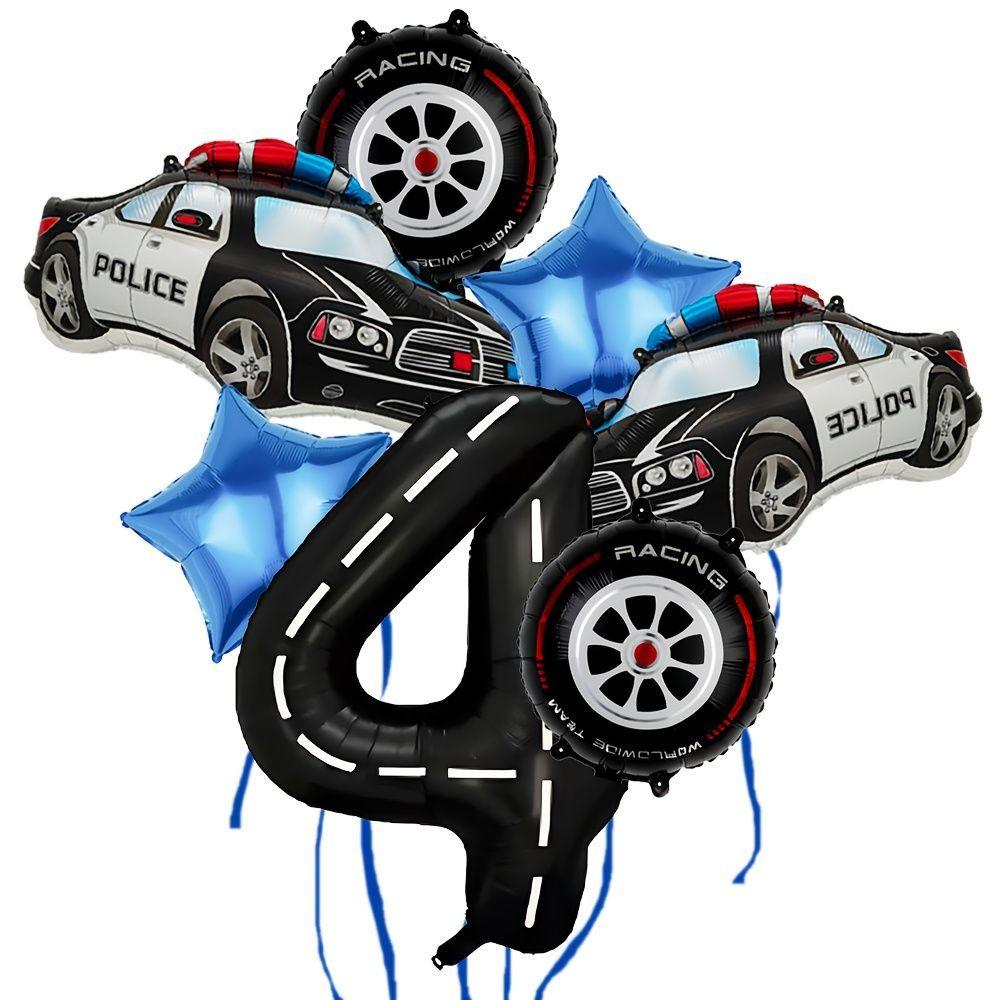 Police Car-themed Tire Digital Aluminum Film Balloon Set for Children's Birthday Party Racing Decoration