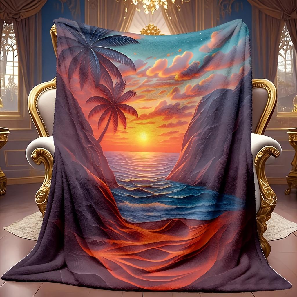 1pc 2D Tropical Coast Sunset Palm Tree Theme Pattern Flannel Blanket, Soft HD Digital Print, Cooling Blanket Suitable for All Seasons! Soft And Breath