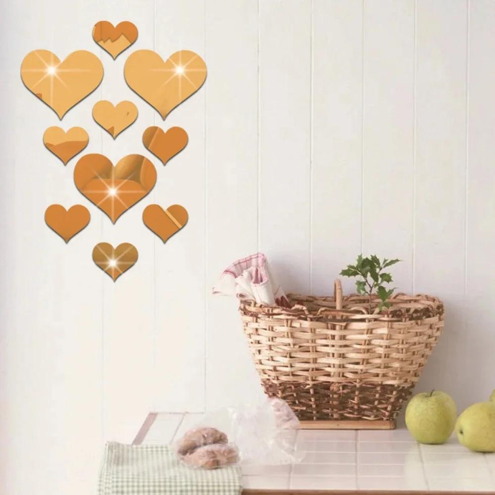 10Pcs Wall Stickers Removable Heart Wall Stickers for Home Decor Love Mirror Decals Mural Art Bedroom Furniture Decoration
