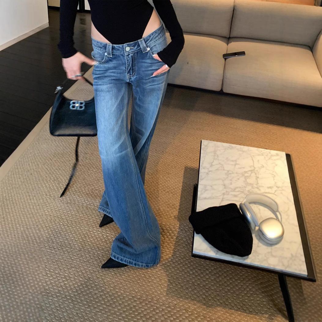 

2026 Fashion American Low Waist Jeans Women s Autumn Retro Wide Leg Skinny Casual Pants Retro Style L джинсовий синього кольору