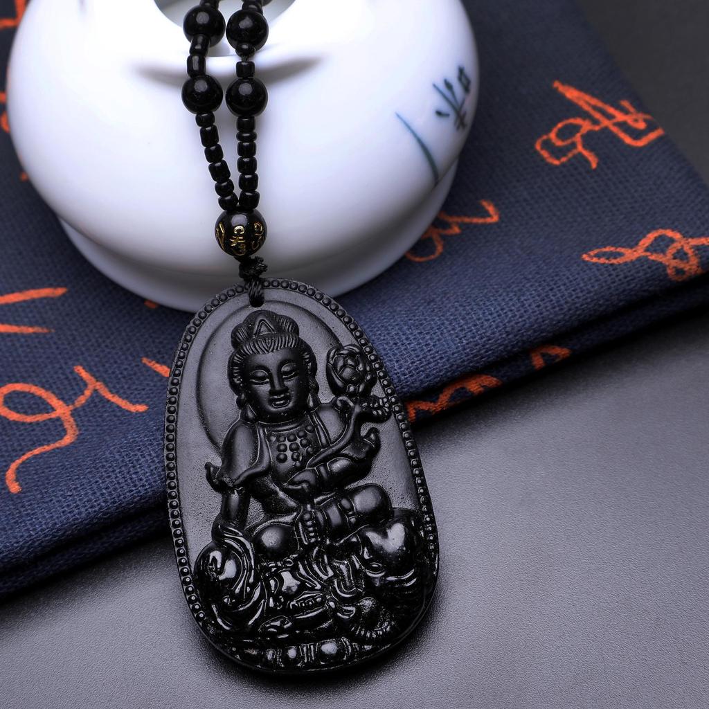 12 Zodiac Guardian Gods Black Obsidian Necklace with Guanyin Pendant
