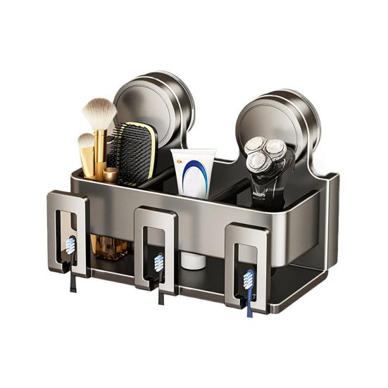 Toothbrush Holder with Suction Cup Carbon Steel ABS Waterproof Rust-Proof Wall Mounted Double-Layer Storage for Bathroom Organizer