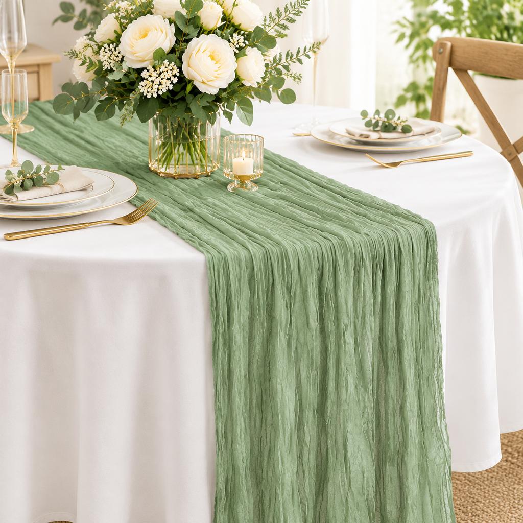 Bohemian Pleated Table Runner Sage Green 90x180cm