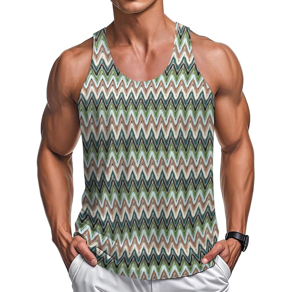 Men's Summer Light Fitness Wear Retro Contrast Color Wave Color Stripe Fabric Vest Casual Loose Vest