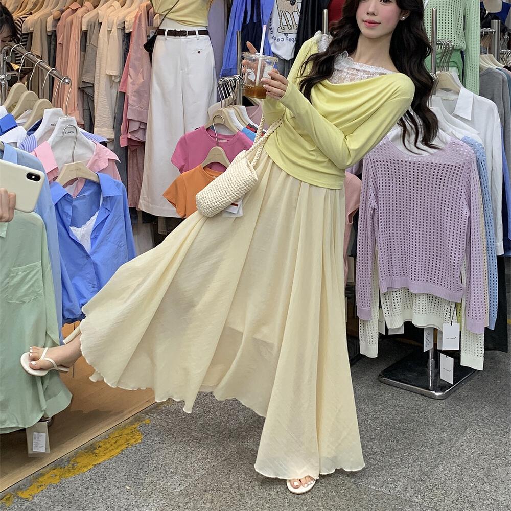 

DIMANAF 2025 Весна Однотонные Женские Новые Юбки Эластичные Элегантные Белые Плиссированные Юбки Кружева Высокая Талия One Size