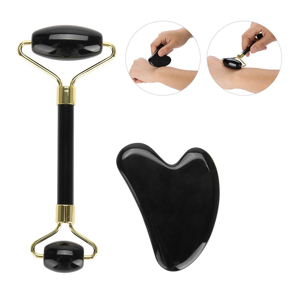 2pcs Set Natural Obsidian Double End Roller Massage & Scraping Board Kit Massage Gift Tool