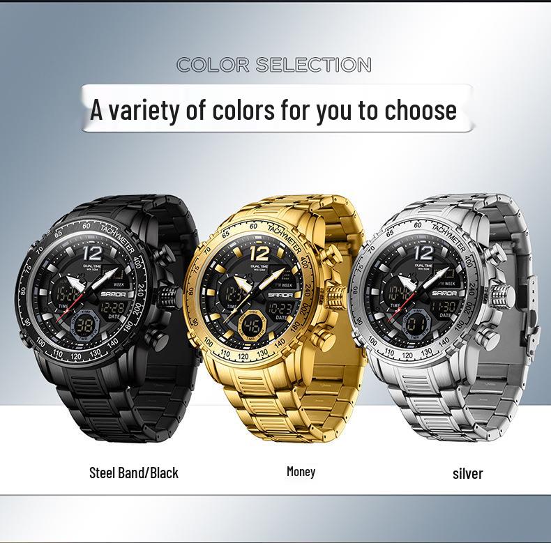 Sanda Men's Dual Display Multifunction Steel Band Sport Waterproof Watch