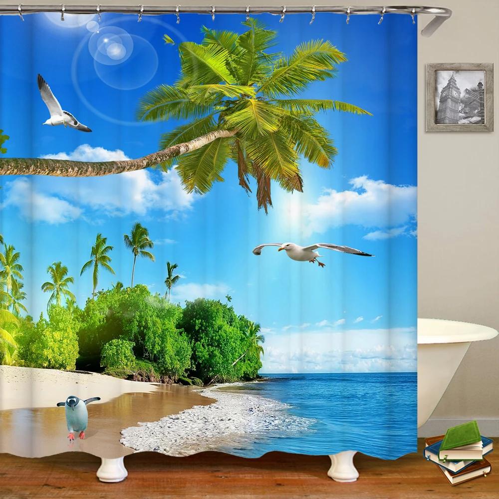 Beach Shower Curtain Waterproof Home Decoration Curtain 3D Palm Tree Seaside Beach Landscape Printed With Hooks Bathroom Curtain