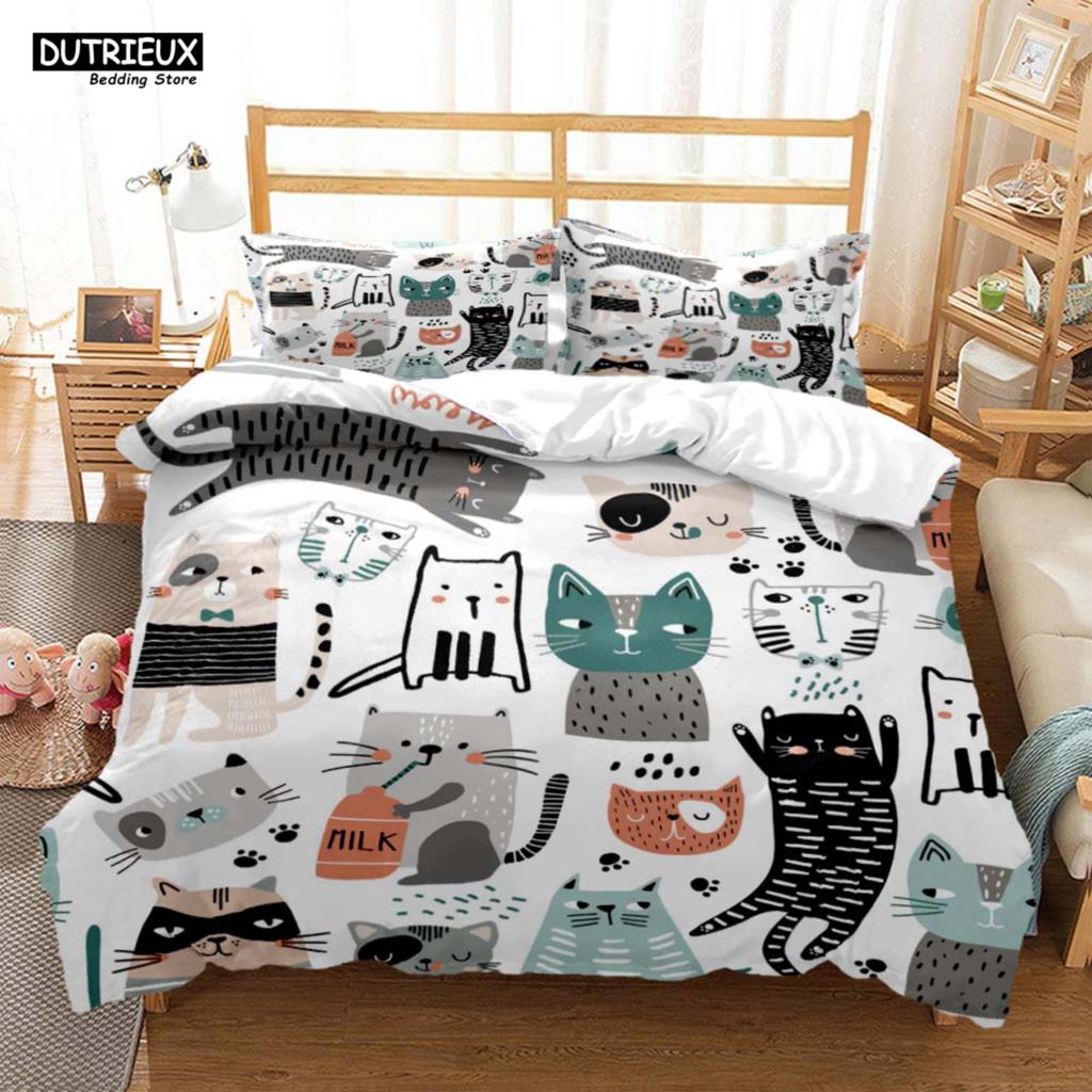 Cute Cat Print Quilt Cover Pillow Cover  Bedding Set Luxury Queen Bedding Set Cute Style Customized  children‘s  Bedding Set