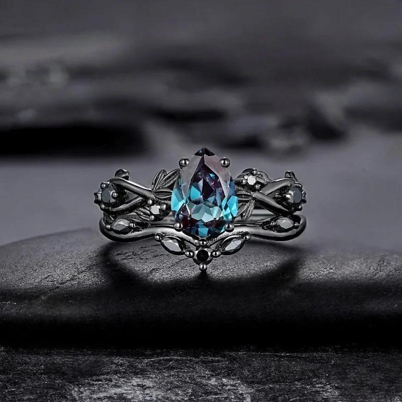 European and American fashion gun black inlaid sea blue zircon women s ring 5&Black Gun Plated темно-синий