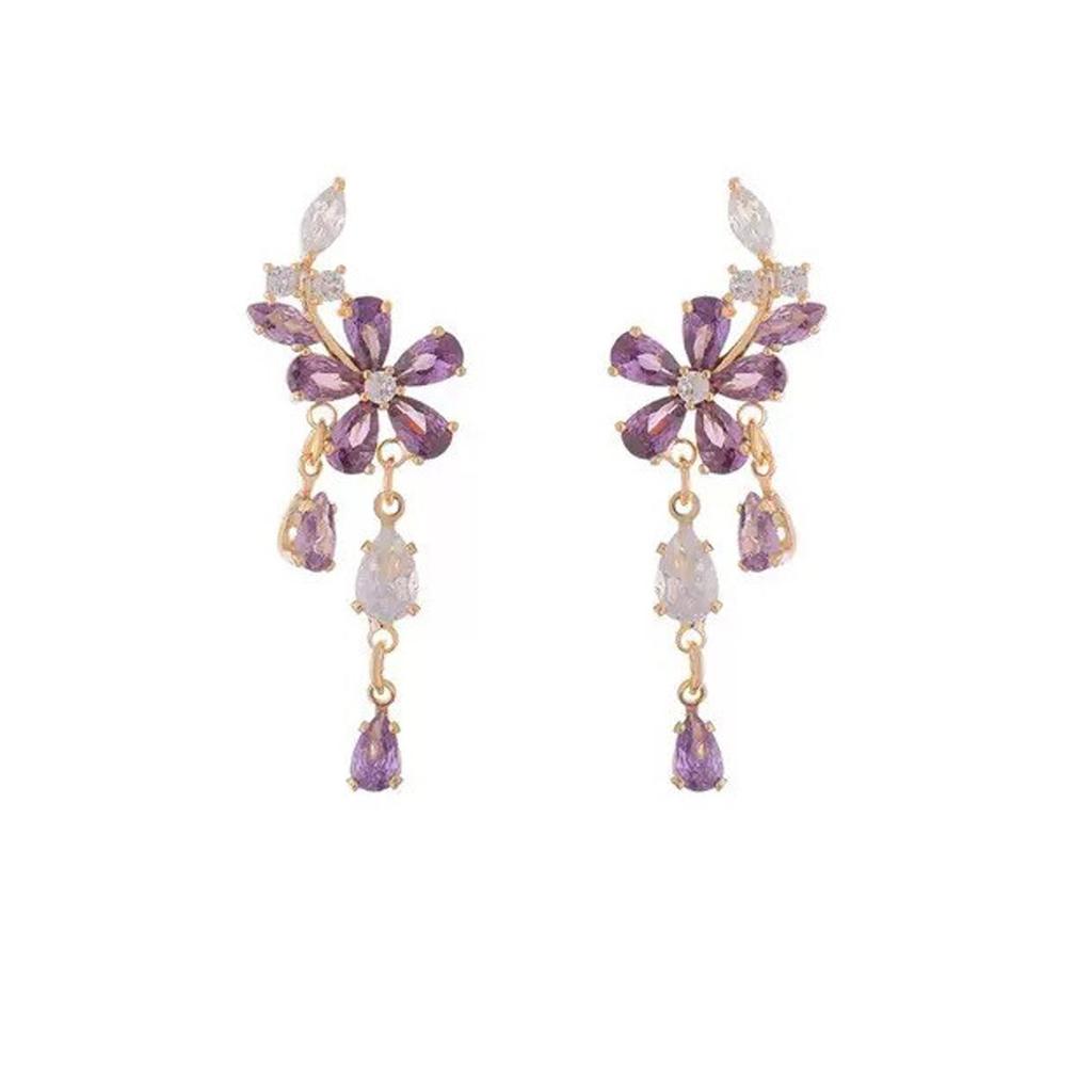 French Purple Zircon Flower Stud Earrings - Exquisite Retro Tassel Design