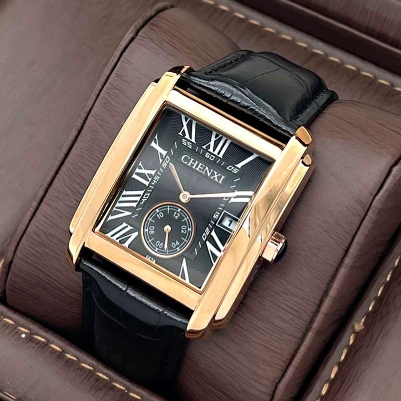 CHENXI 8216 Men's Quartz Watch Square Roman Numeral Dial Calendar Genuine Leather Band Waterproof Business Casual Wristwatch