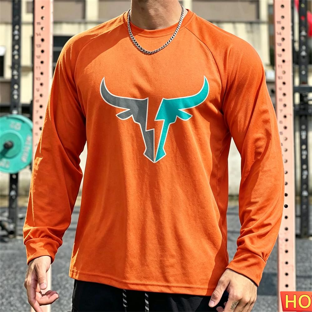 Autumn Men's Long sleeved T-shirt OX Head Men's Fitness T-shirt Polyester Elastic Sports T-shirt Breathable Graphic Gym T-shirt top