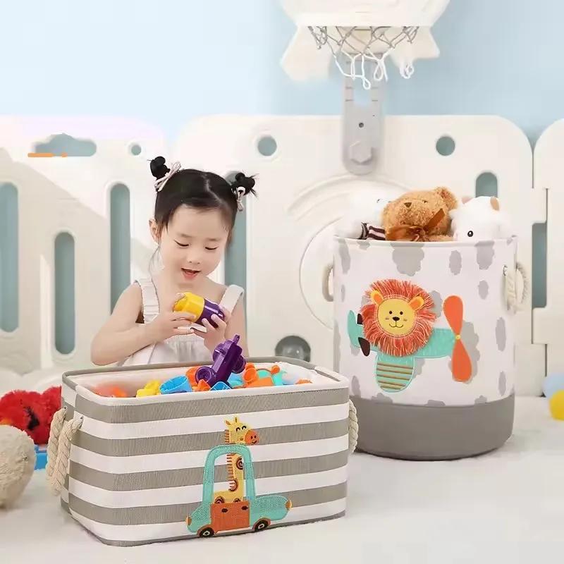 Cartoon Toy Storage Basket & Foldable Canvas Laundry Hamper Collapsible Clothes Organizer Bin with Handles for Kids Room