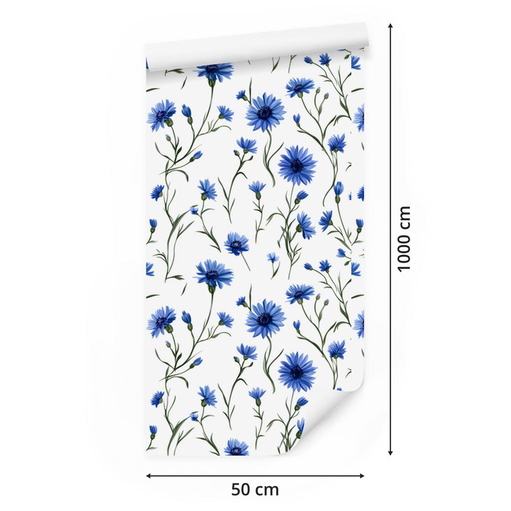 Wallpaper Flowers and Leaves White, Light Gray and Blue 50x1000