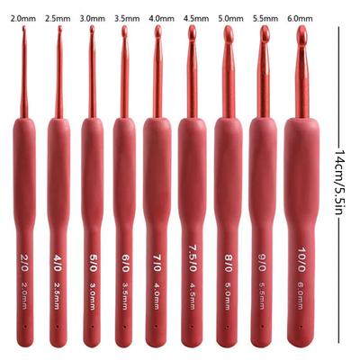 Lot de 9 aiguilles à crochet rouges et noires avec poignée en silicone et aluminium pour tricot et couture