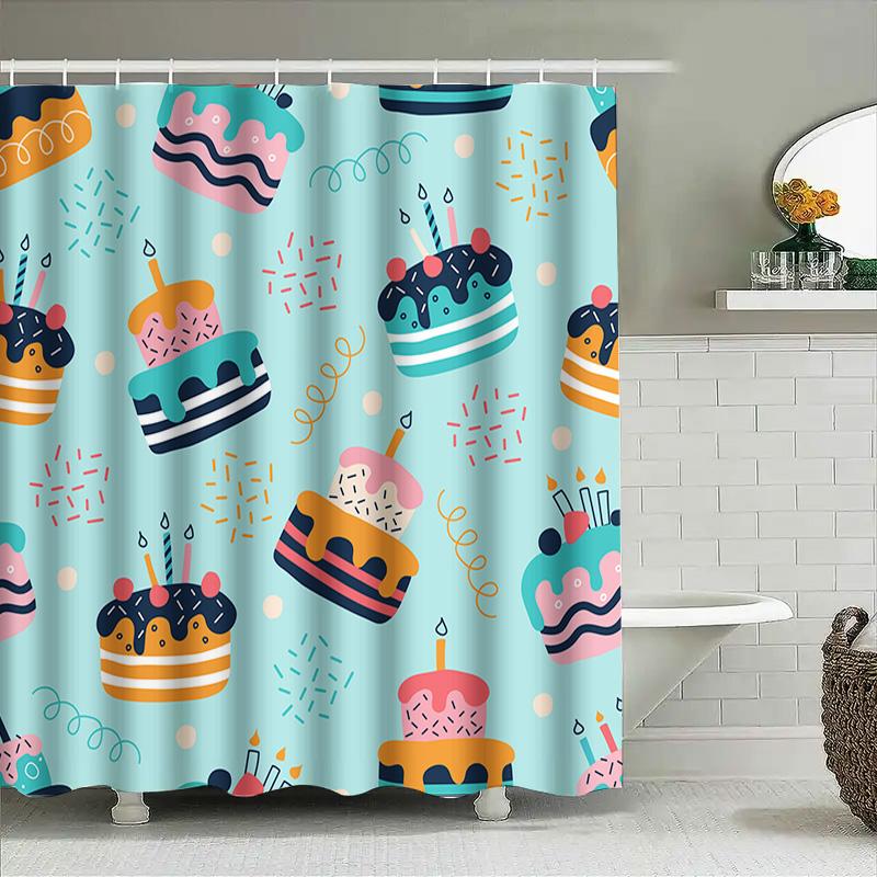 Charming Birthday Party Blue Waterproof Bathroom Shower Curtain With Cake Pattern Decoration Home Decor Accessories 72X84 Inches