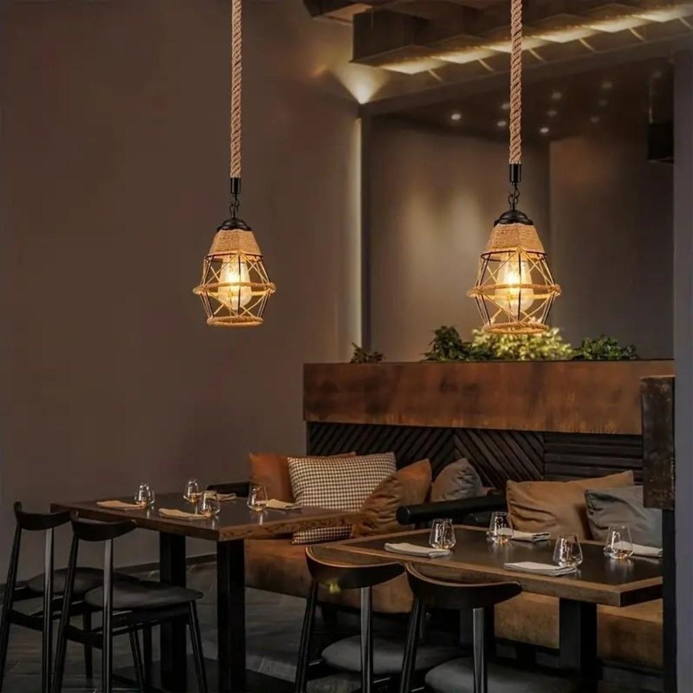 Industrial Style Hemp Rope Pendant Lights Iron Woven Hemp Rope Chandelier  Restaurant Lighting