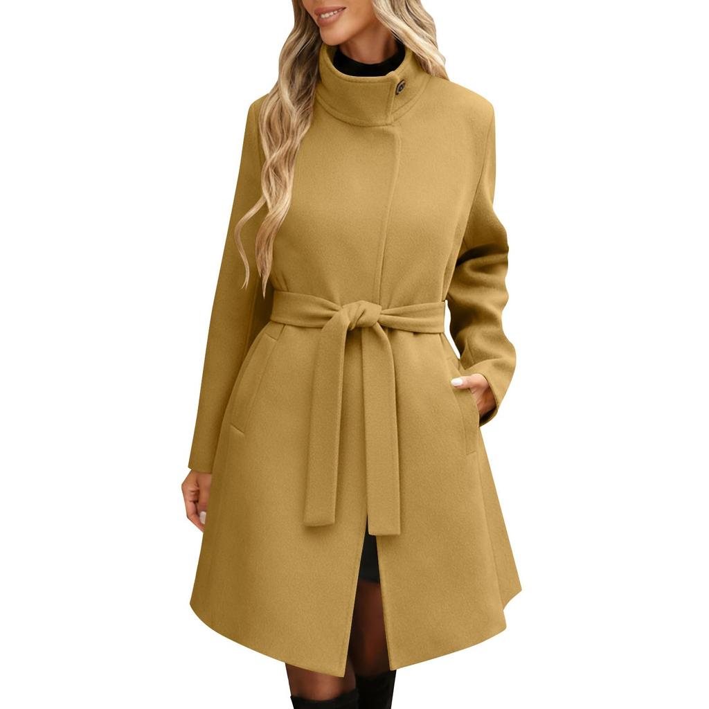 Women's Long Sleeve Belted Overcoat with Stand Collar and Button Closure Classic Fit for Autumn and Winter Outwear