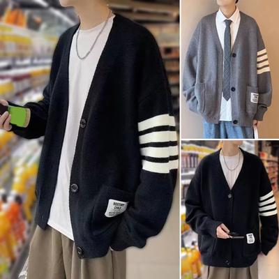 Herbst Winter Herren Strickjacke V-Ausschnitt Gestrickt Einfarbig Elastisch Reine Farbe Locker